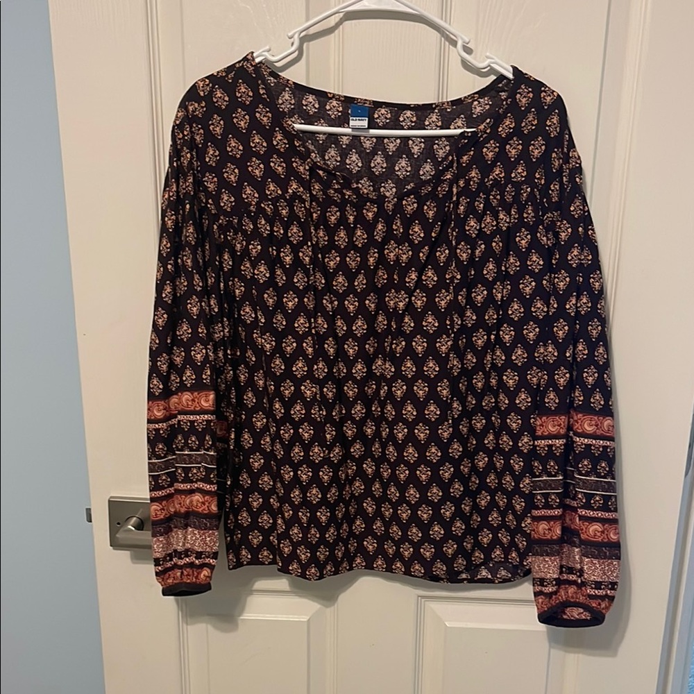 Old Navy Multicolored Long-Sleeve Smocked Printed Poet Blouse
